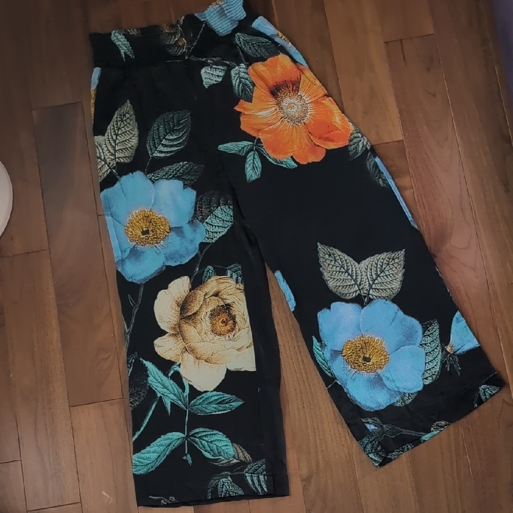 Anthropologie Maeve Black and Blue Floral Pants